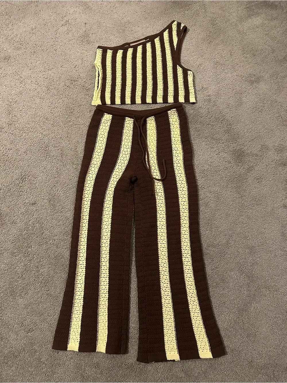 Free‎ People crochet set co-ord matching set pants knit cozy boho striped Small